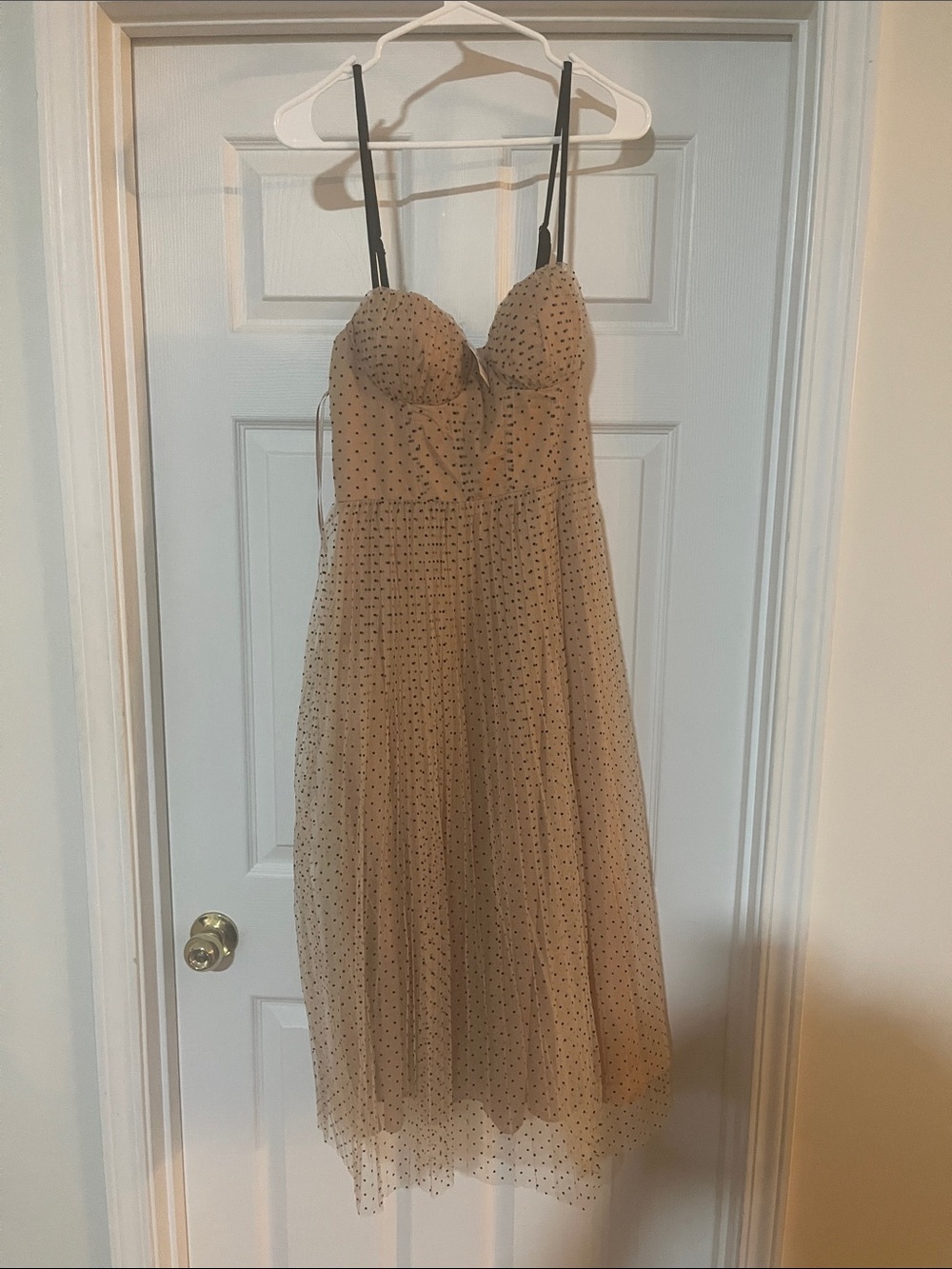 Lena Beige Midi Dress with Black Polka Dots and Black Straps size large